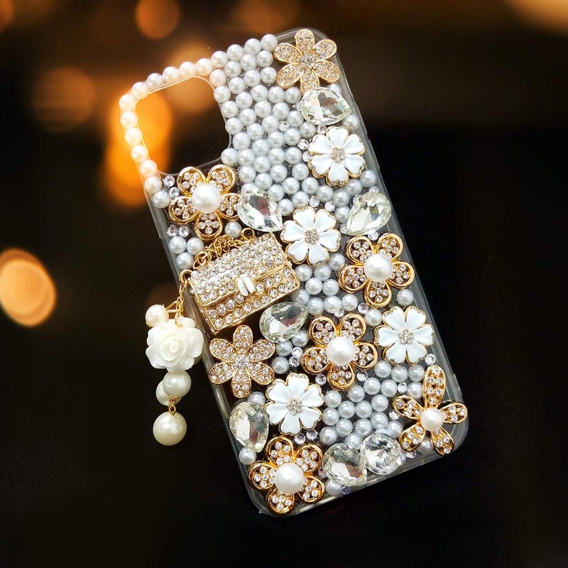 Guppy for iPhone 11 Pro Max Case Women Luxury 3D Bling Shiny Rhinestone Diamond Crystal Pearl Handmade Pendant Handbag Flowers Soft Protective Anti-Fall Case for iPhone 11 Pro Max - Image 5